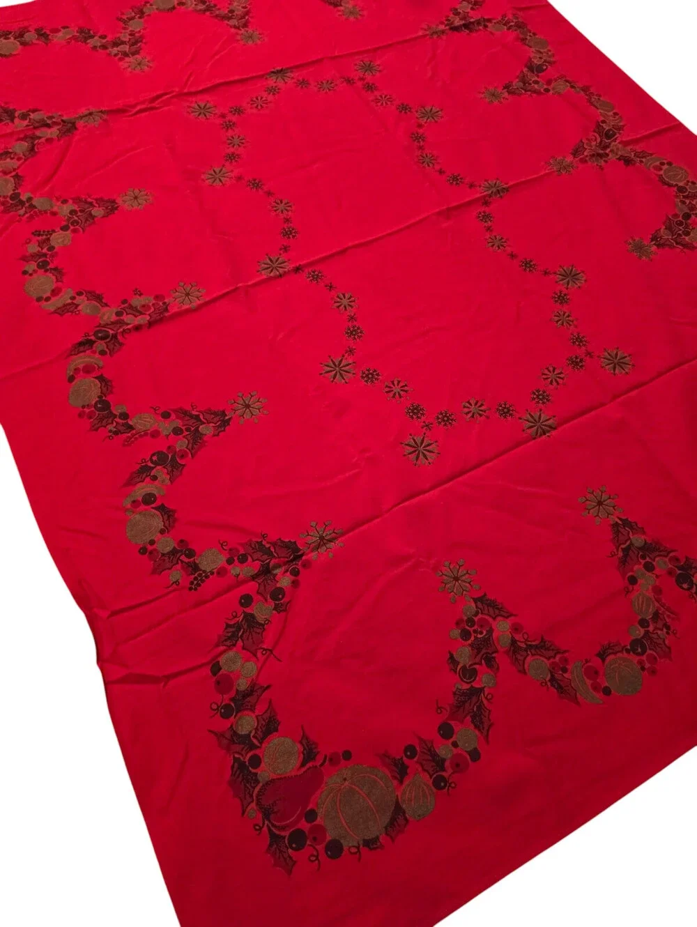 Vintage Christmas cloth tablecloth red Holly Pumpkin Border 50